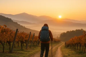 camino de invierno guia: peregrino caminando entre montañas y viñedos al amanecer en la ruta del Camino de Invierno.