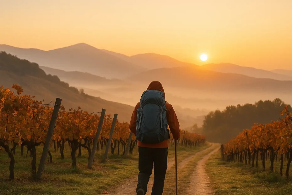 camino de invierno guia: peregrino caminando entre montañas y viñedos al amanecer en la ruta del Camino de Invierno.