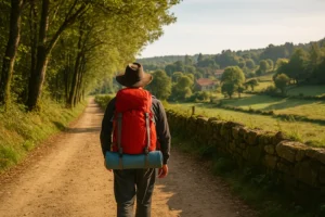 camino sanabres ourense: peregrino caminando por un sendero rural de Galicia al amanecer, rodeado de árboles y colinas verdes.