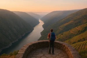 Vista panorámica del cañón del río Sil en el Camino de Invierno, con viñedos en las laderas y un peregrino observando el paisaje desde un mirador de piedra al amanecer.