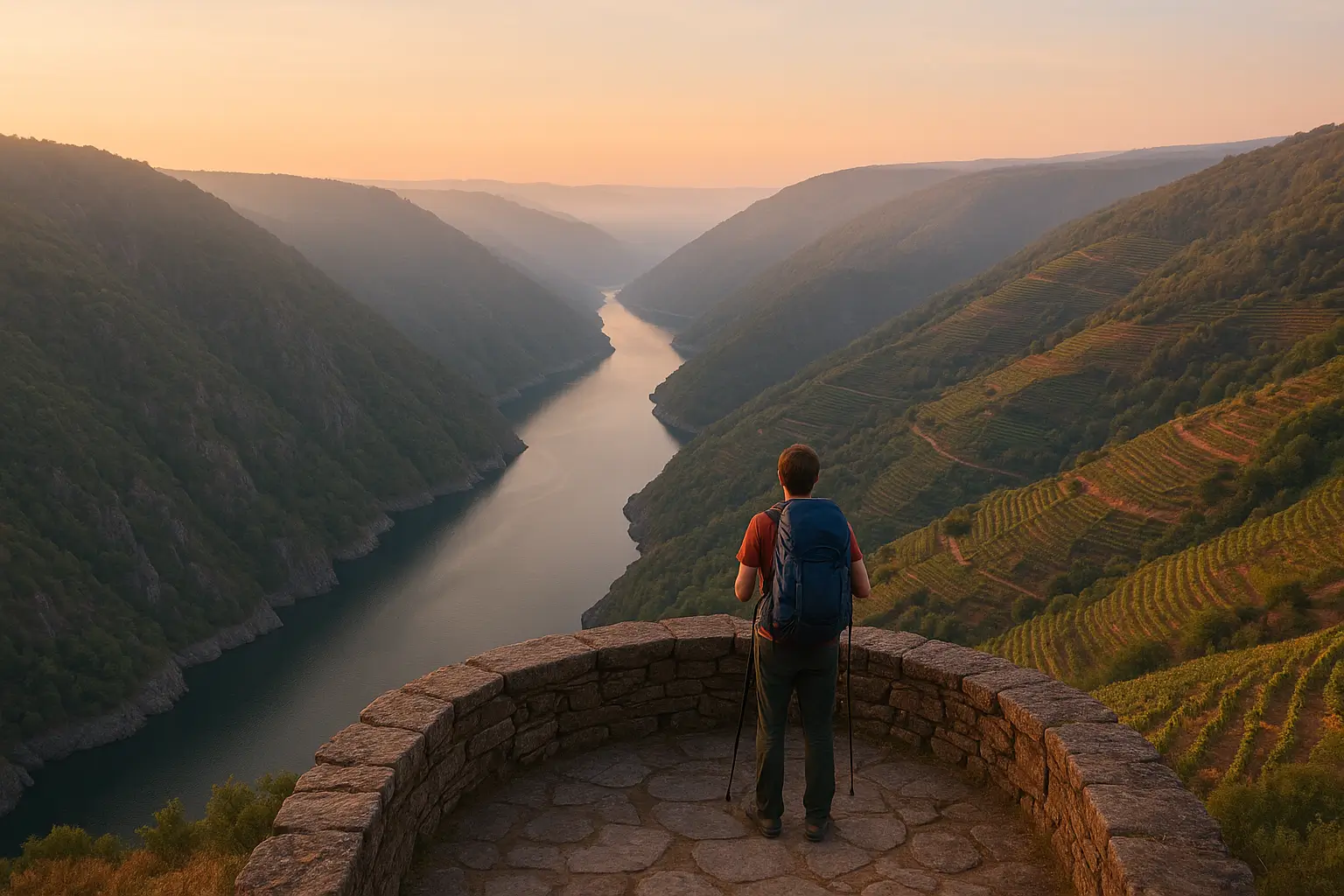 Vista panorámica del cañón del río Sil en el Camino de Invierno, con viñedos en las laderas y un peregrino observando el paisaje desde un mirador de piedra al amanecer.