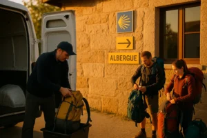 Mensajero recogiendo mochilas frente a un albergue del Camino de Santiago al amanecer, con peregrinos preparando sus mochilas y señales amarillas del Camino en la pared