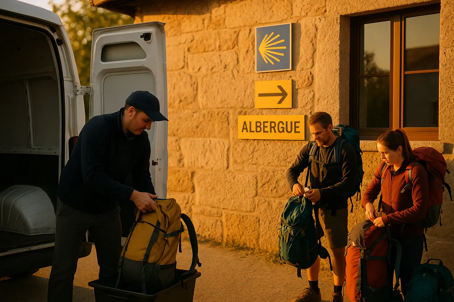 Mensajero recogiendo mochilas frente a un albergue del Camino de Santiago al amanecer, con peregrinos preparando sus mochilas y señales amarillas del Camino en la pared