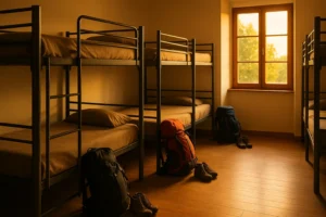 Dormitorio de albergue del Camino de Santiago con literas metálicas, mochilas y botas junto a las camas, iluminado por la luz cálida del amanecer.