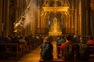 Peregrinos en la Catedral de Santiago antes de la Misa del Peregrino, con el Botafumeiro en acción y la luz dorada del amanecer.