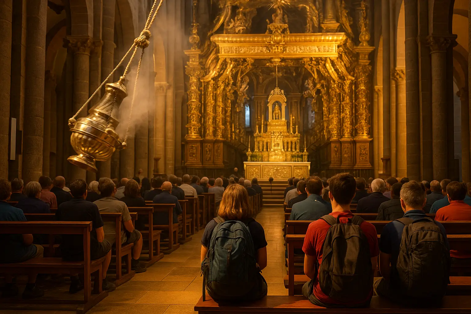 Peregrinos en la Catedral de Santiago antes de la Misa del Peregrino, con el Botafumeiro en acción y la luz dorada del amanecer.