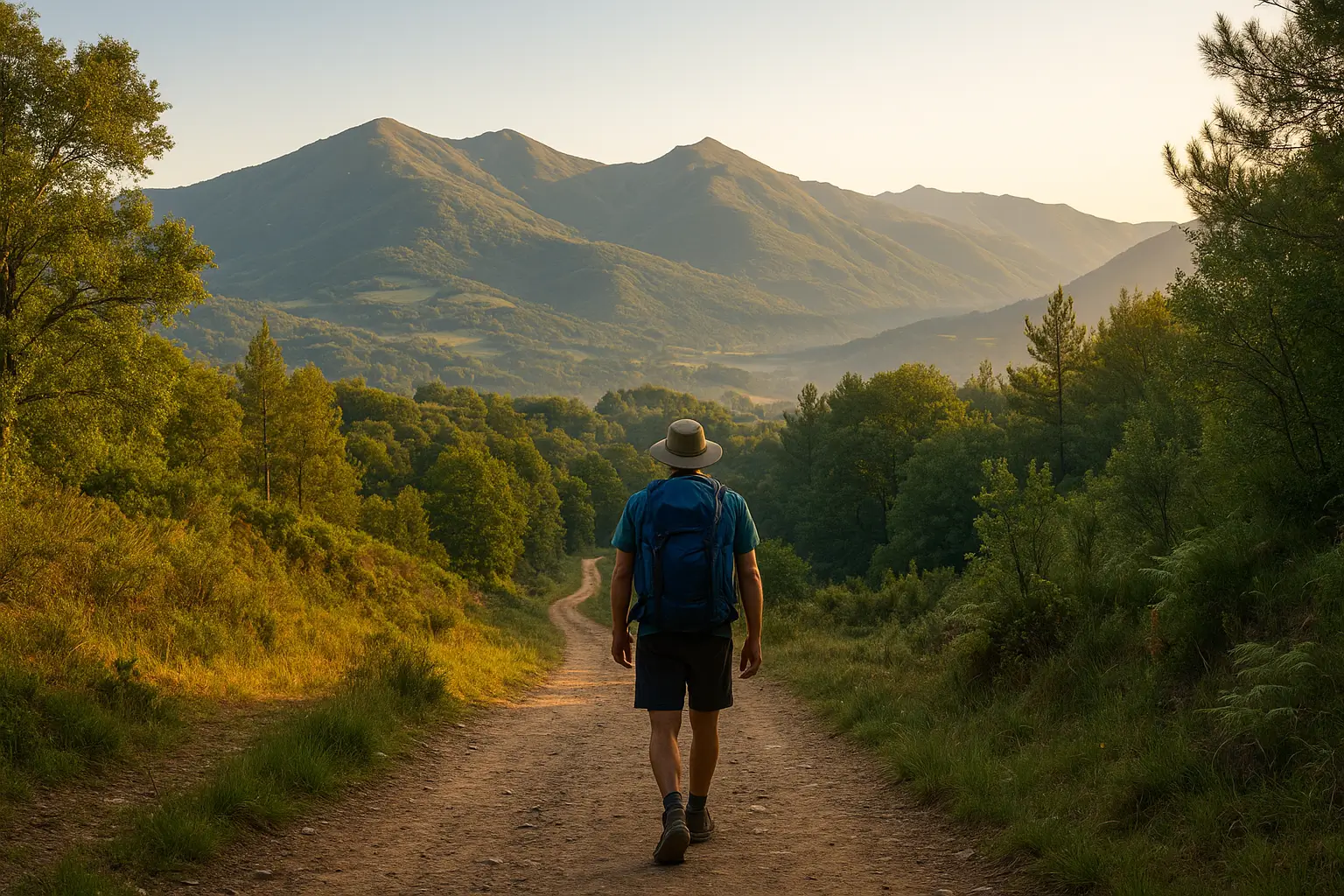 camino aragones etapas: peregrino caminando por un sendero de montaña del Pirineo aragonés al amanecer rumbo al Camino Francés.