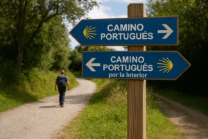 camino portugues costa o interior: señalización del Camino Portugués en una bifurcación del sendero, indicando la ruta por la Costa y por el Interior, con un peregrino caminando.