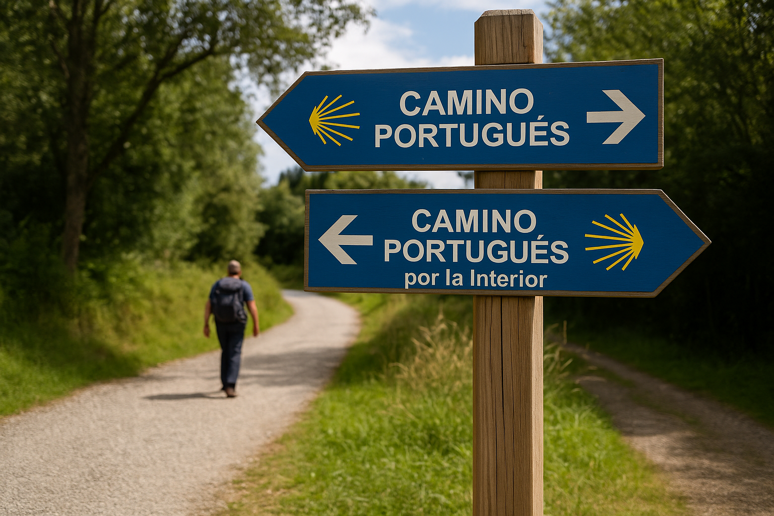 camino portugues costa o interior: señalización del Camino Portugués en una bifurcación del sendero, indicando la ruta por la Costa y por el Interior, con un peregrino caminando.