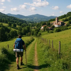 camino vasco del interior: peregrino caminando por un sendero verde del País Vasco, con colinas, prados y una iglesia rural al fondo.