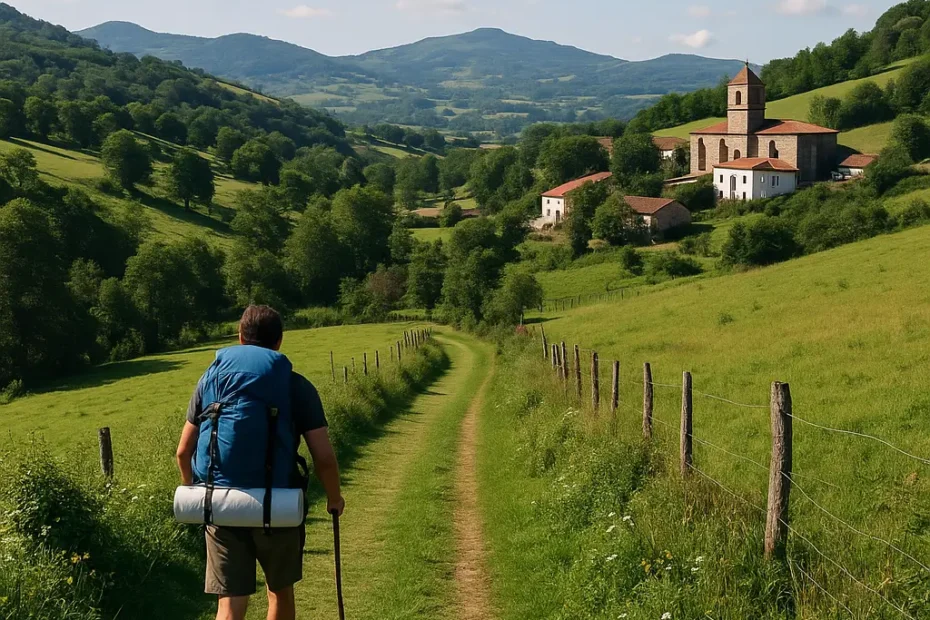 camino vasco del interior: peregrino caminando por un sendero verde del País Vasco, con colinas, prados y una iglesia rural al fondo.