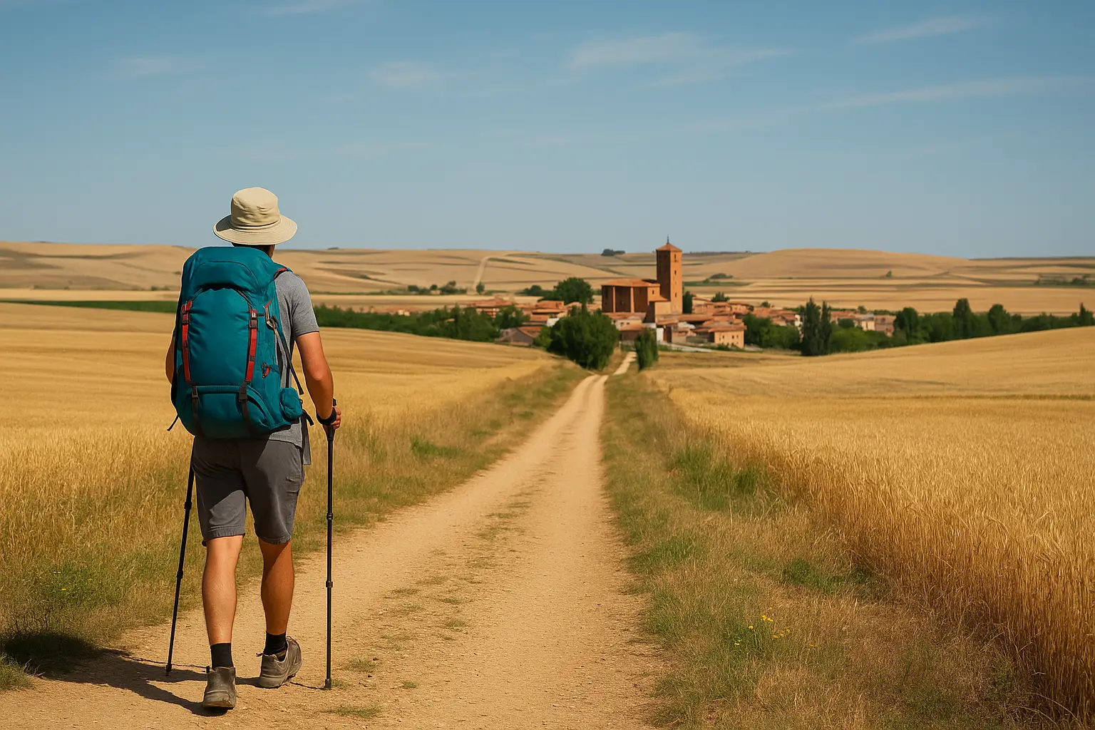 camino de madrid etapas: peregrino caminando por la Meseta castellana por un sendero rural rumbo a Sahagún.