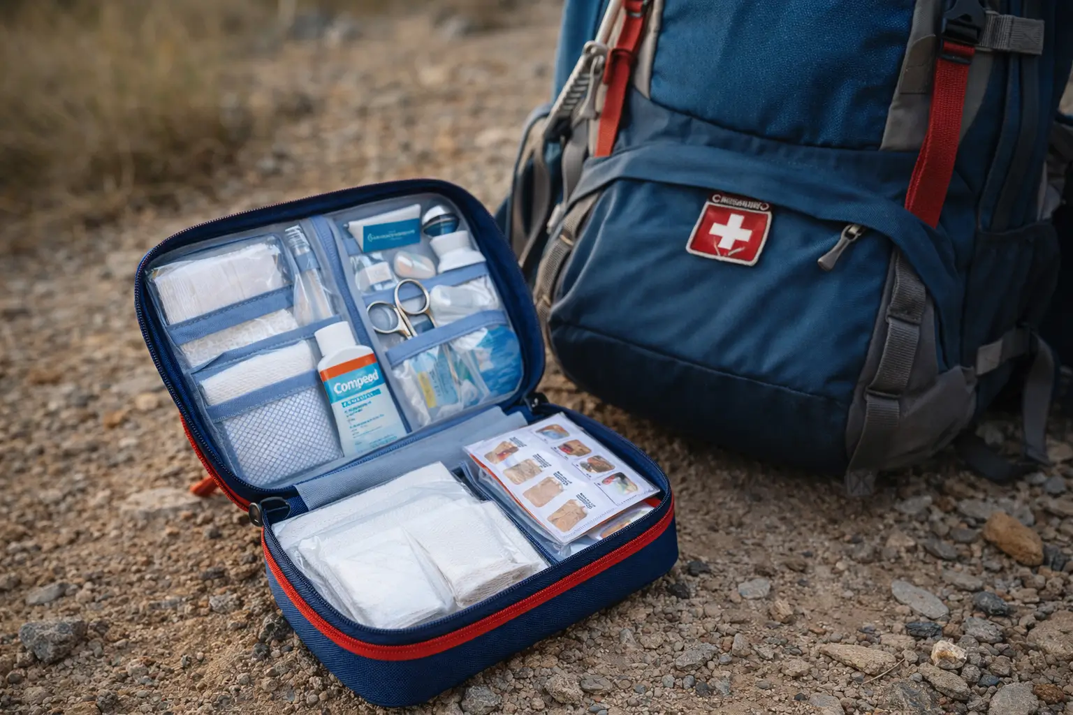botiquin peregrino camino de santiago: botiquín de primeros auxilios abierto con gasas, tiritas y crema anti-ampollas junto a una mochila de peregrino en un sendero.