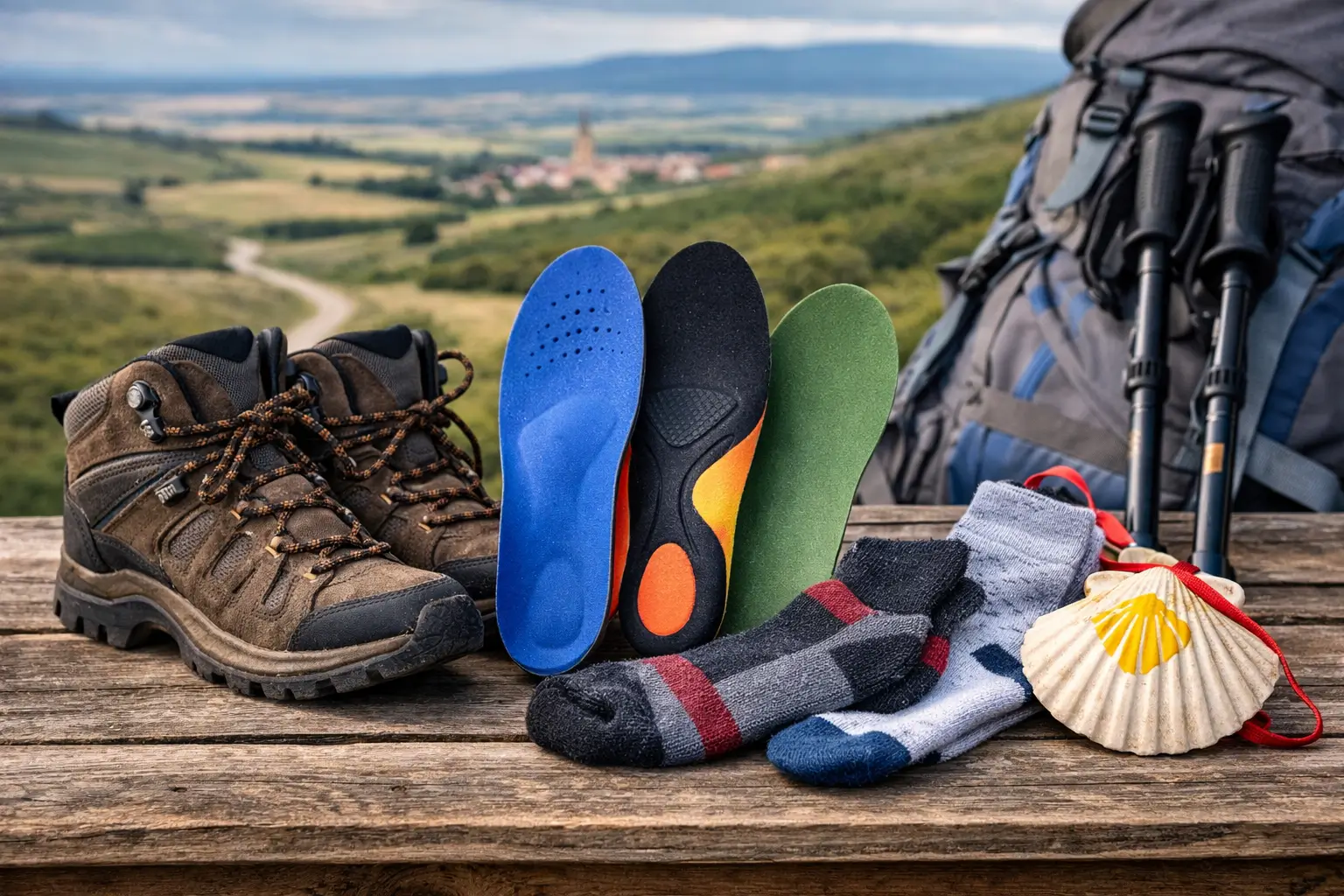 Calzado para el Camino de Santiago con botas de trekking, plantillas ergonómicas y calcetines técnicos sobre una mesa, con el paisaje del Camino al fondo
