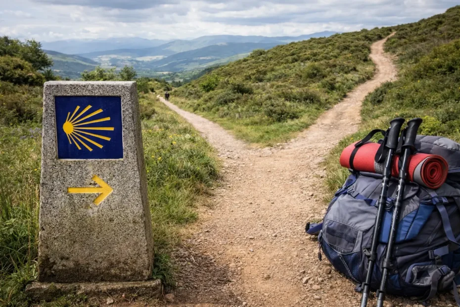 Dividir etapas del Camino de Santiago en un cruce de senderos del Camino Francés y Primitivo, con mochila de peregrino y señal amarilla indicando rutas.