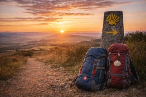 mochilas de peregrinos apoiadas junto a un mojón del Camino de Santiago al atardecer, con flecha amarilla y vieiras marcando el camino entre colinas y luz dorada.
