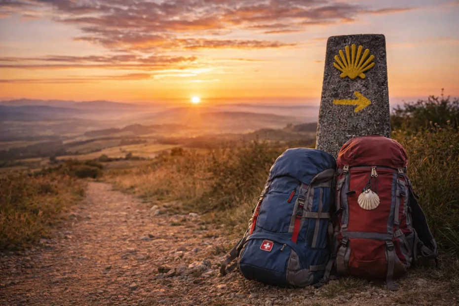 mochilas de peregrinos apoiadas junto a un mojón del Camino de Santiago al atardecer, con flecha amarilla y vieiras marcando el camino entre colinas y luz dorada.