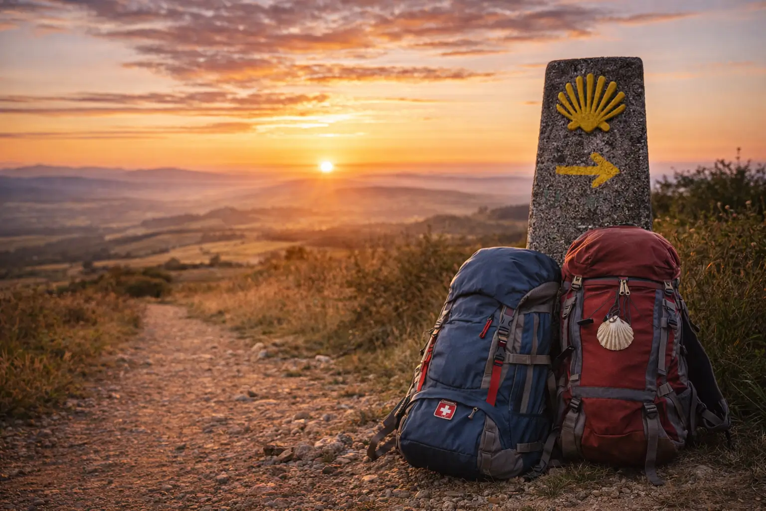 mochilas de peregrinos apoiadas junto a un mojón del Camino de Santiago al atardecer, con flecha amarilla y vieiras marcando el camino entre colinas y luz dorada.