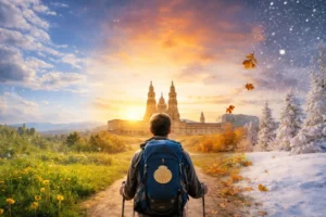 Peregrino caminando hacia Santiago en primavera, verano, otoño e invierno para planificar Camino de Santiago por estación