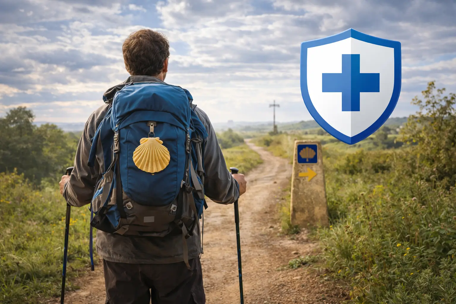 Peregrino caminando por el Camino de Santiago con mochila y señal de flecha amarilla, seguro de viaje para el Camino de Santiago