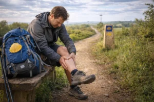 Peregrino con dolor de tobillo descansando en el Camino de Santiago