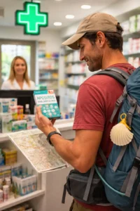 Peregrino con mochila comprando apósitos para ampollas en una farmacia del Camino de Santiago en España
