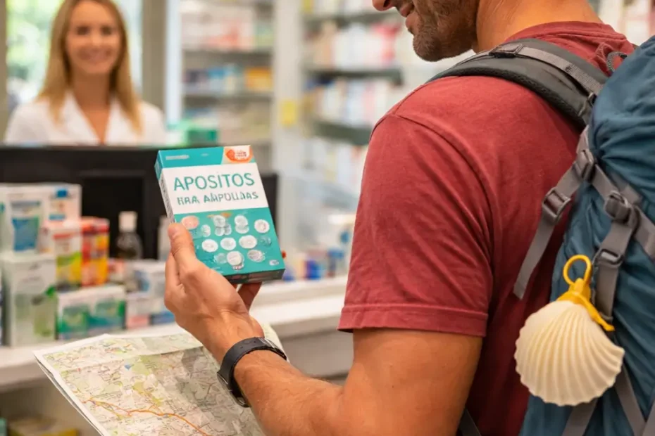 Peregrino con mochila comprando apósitos para ampollas en una farmacia del Camino de Santiago en España