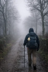 Peregrino caminando con mochila por el Camino de Santiago en enero, con niebla y frío invernal en España