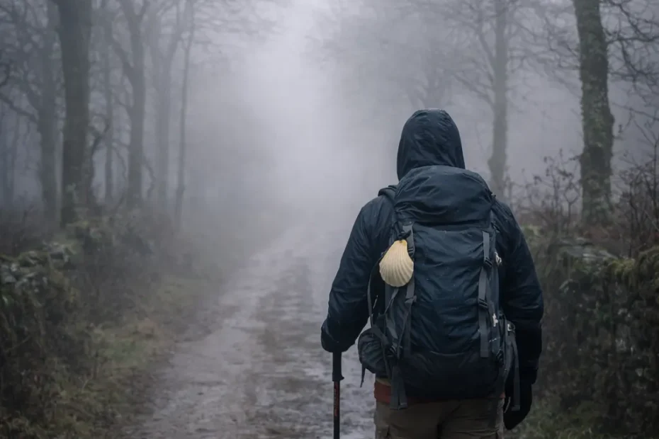 Peregrino caminando con mochila por el Camino de Santiago en enero, con niebla y frío invernal en España