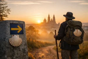 Peregrinos caminhando ao amanhecer no Caminho de Santiago, símbolo de início, fé e jornada interior.