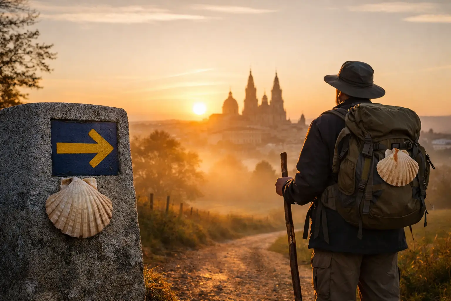 Peregrinos caminhando ao amanhecer no Caminho de Santiago, símbolo de início, fé e jornada interior.