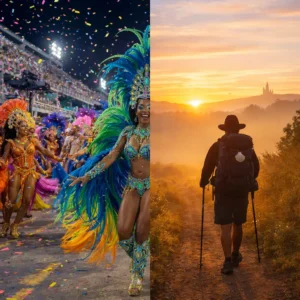 Carnaval vs Camino de Santiago: comparativa entre desfile colorido en Brasil y peregrino caminando al amanecer hacia Santiago