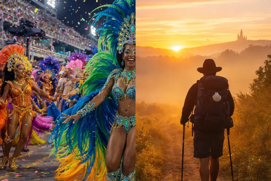 Carnaval vs Camino de Santiago: comparativa entre desfile colorido en Brasil y peregrino caminando al amanecer hacia Santiago
