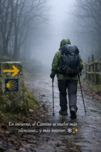 Peregrino caminando en invierno por el Camino de Santiago con chaqueta impermeable verde, mochila y bastones, siguiendo la flecha amarilla entre niebla y lluvia
