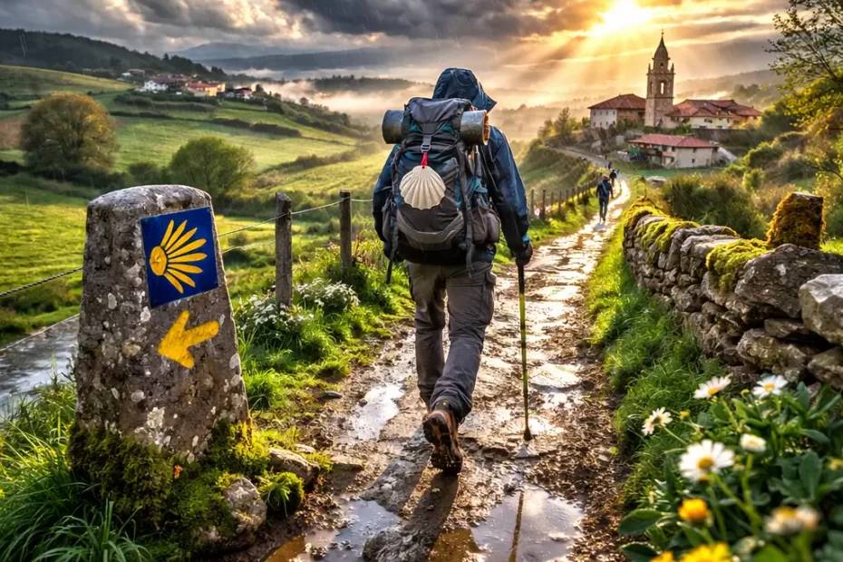 Peregrino caminando solo en el Camino de Santiago en marzo con cielo nublado y paisaje verde húmedo de Galicia.