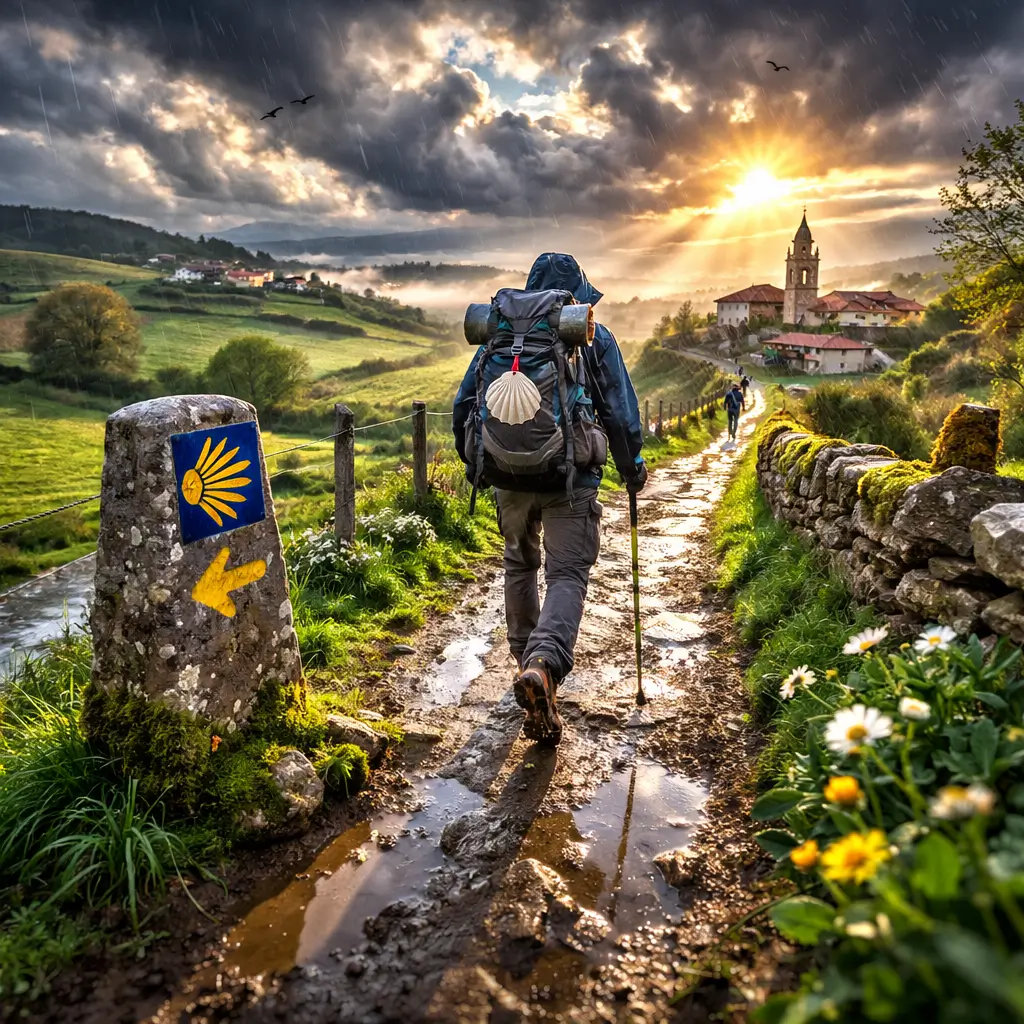 Peregrino caminando solo en el Camino de Santiago en marzo con cielo nublado y paisaje verde húmedo de Galicia.