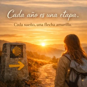 Amanecer en el Camino de Santiago con señal de concha y flecha amarilla mientras una mujer contempla el horizonte simbolizando un nuevo año como peregrina de corazón.