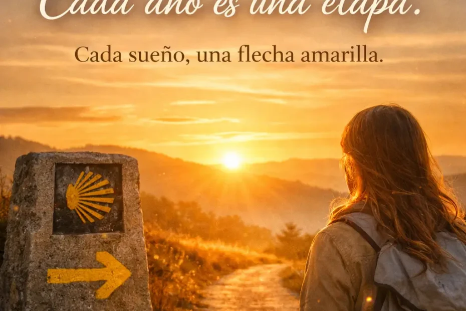 Amanecer en el Camino de Santiago con señal de concha y flecha amarilla mientras una mujer contempla el horizonte simbolizando un nuevo año como peregrina de corazón.