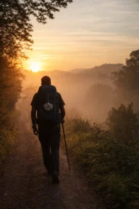 silencio y oración en el Camino de Santiago peregrino caminando en silencio al amanecer