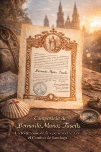 Compostela del Camino de Santiago de Bernardo Muñoz Tasells con concha de peregrino y catedral de fondo
