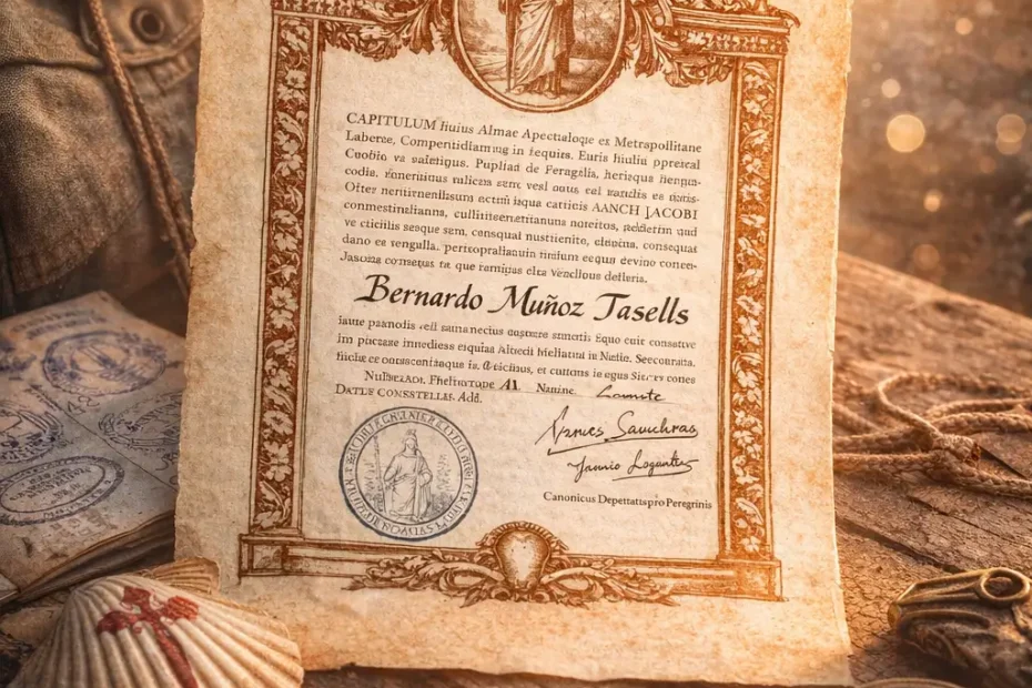 Compostela del Camino de Santiago de Bernardo Muñoz Tasells con concha de peregrino y catedral de fondo