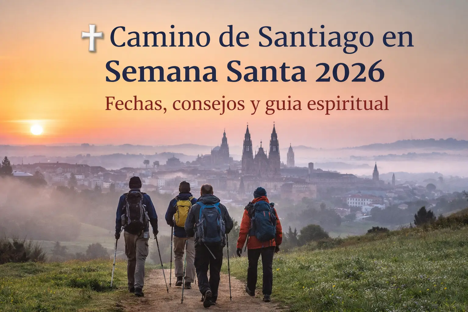 Caminho de Santiago em Semana Santa 2026 com peregrinos caminhando ao amanhecer em direção à Catedral de Santiago de Compostela.