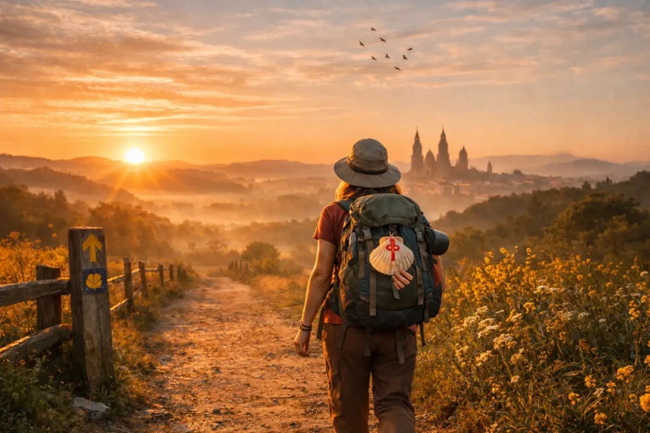 Mujer peregrina caminando por el Camino de Santiago al amanecer con mochila y concha del peregrino.