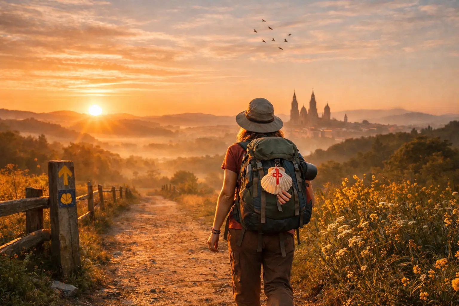Mujer peregrina caminando por el Camino de Santiago al amanecer con mochila y concha del peregrino.