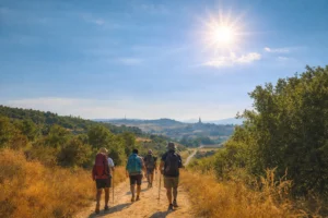 Peregrinos caminando por un sendero del Camino de Santiago en verano, bajo un sol intenso, rodeados de campos dorados y con un pequeño pueblo al fondo.