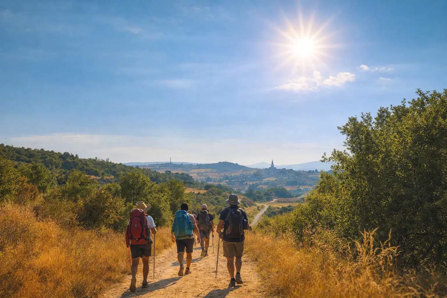 Peregrinos caminando por un sendero del Camino de Santiago en verano, bajo un sol intenso, rodeados de campos dorados y con un pequeño pueblo al fondo.