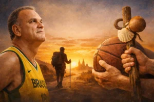 Homenaje visual a Oscar Schmidt con su figura destacada a la izquierda, vistiendo la camiseta de Brasil, mientras en el centro aparece un peregrino caminando hacia Santiago al atardecer; a la derecha, unas manos sostienen un balón de baloncesto y un bordón con concha, uniendo simbólicamente deporte, fe y perseverancia.