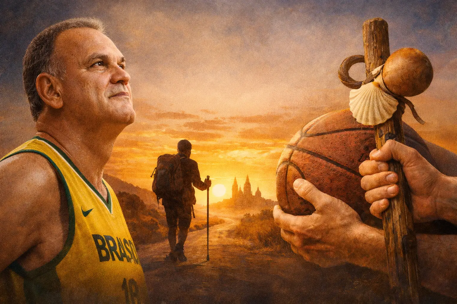 Homenaje visual a Oscar Schmidt con su figura destacada a la izquierda, vistiendo la camiseta de Brasil, mientras en el centro aparece un peregrino caminando hacia Santiago al atardecer; a la derecha, unas manos sostienen un balón de baloncesto y un bordón con concha, uniendo simbólicamente deporte, fe y perseverancia.