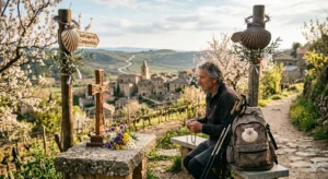 Ilustração de Páscoa no Caminho de Santiago mostrando um peregrino com mochila diante da Catedral de Santiago, procissões da Semana Santa, torrijas, Botafumeiro e paisagens floridas simbolizando renovação e fé.