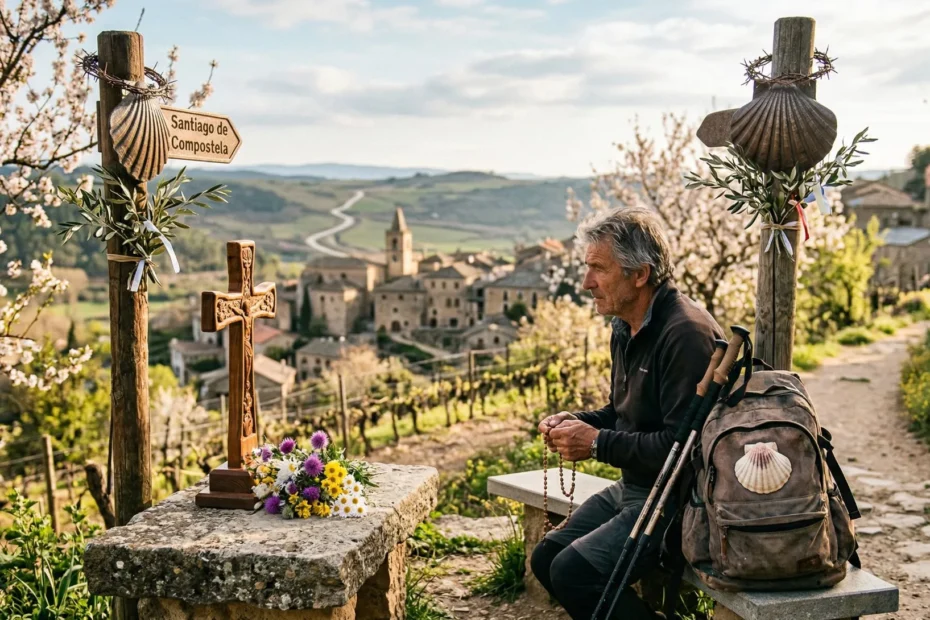 Ilustração de Páscoa no Caminho de Santiago mostrando um peregrino com mochila diante da Catedral de Santiago, procissões da Semana Santa, torrijas, Botafumeiro e paisagens floridas simbolizando renovação e fé.